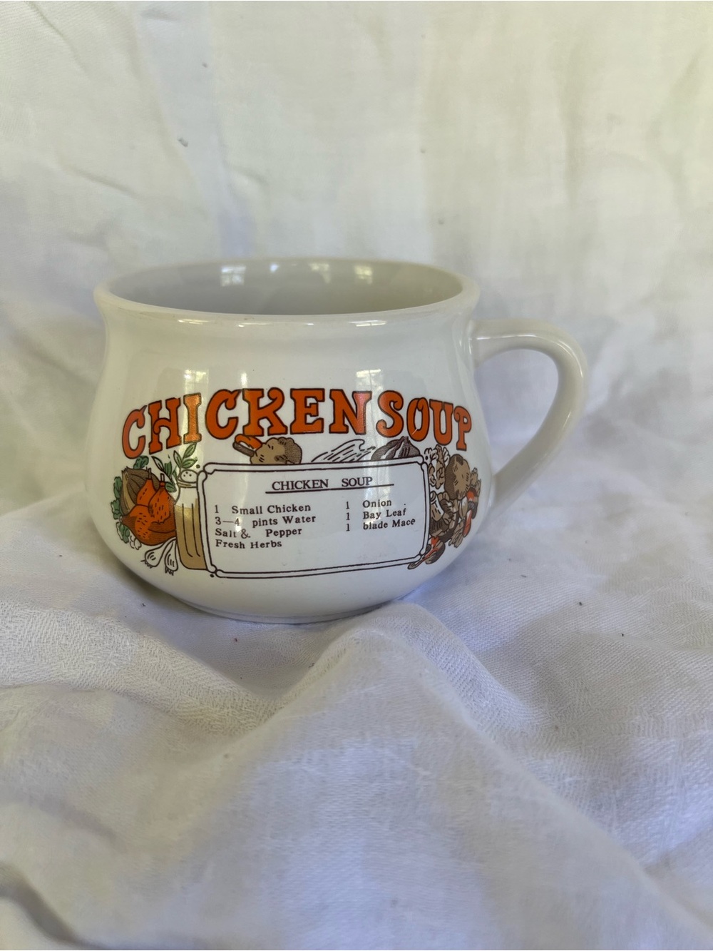 Vintage-Style Chicken Soup Ceramic Mug — White with Orange Graphic